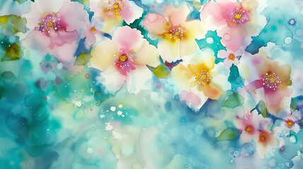 Delicate Pastel Watercolor Flowers in Pink, Yellow, and Blue with Green Leaves on Turquoise Background. Abstract Floral Wallpaper Design for Wall Art Print. Ideal for Home Decor and Artistic Inspirati