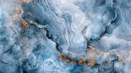 Blue and gold abstract painting with a marbled texture