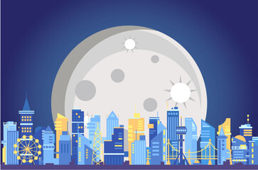 Fototapeta premium night silhouette of a modern city with skyscrapers, bridge, ferris wheel and clouds and moon