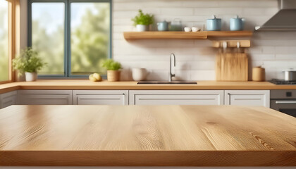 Kitchen wood table top for product display with blurred modern interior.