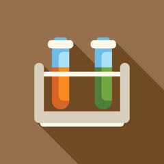 Laboratory test tubes holding colorful liquid substances are sitting in a rack