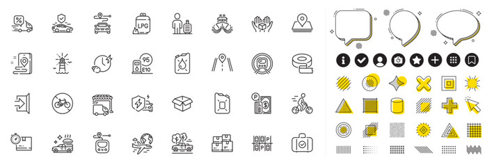 Set of Metro, Transport insurance and Pickup line icons for web app. Design elements, Social media icons. Adhesive tape, International flight, Road icons. Vector