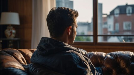 Obraz premium A man in a casual jacket sits on a couch, gazing out the window at an urban cityscape, capturing a moment of quiet reflection. 