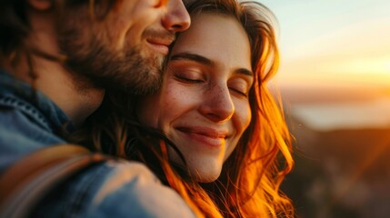 Fototapeta premium A couple is hugging and smiling at sunset