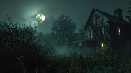 Obraz premium Haunted house with eerie lights, dark and spooky atmosphere, full moon in background, overgrown weeds, mist