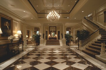 Elegant Entryway A grand entryway with a marble floor, a chandelier, and a large mirror. Add a console table with fresh flowers and stylish decor.