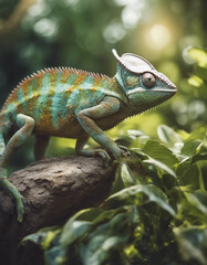 Fototapeta premium A chameleon blending into the foliage, midday sun 
