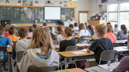 A classroom filled with students attentively listening to a lesson, representing a learning environment.