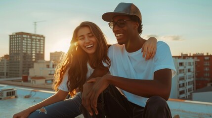 A young man and woman are sitting on a rooftop, smiling