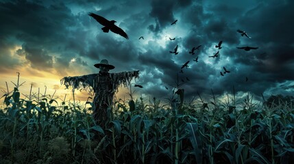 Obraz premium Scarecrow in a cornfield, ominous clouds, crows perched, dusk