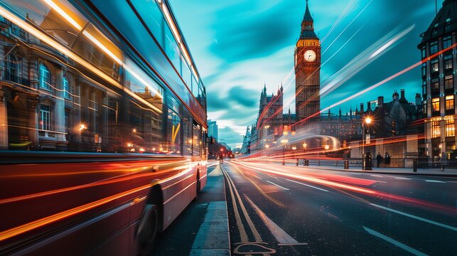 A long exposure photo of Big Ben and a double-decker bus in London.