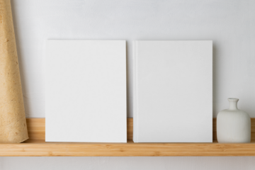 Two book mockups, transparent png frames on a wooden shelf
