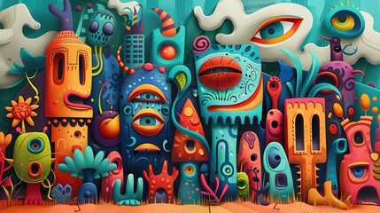 Obraz premium Vibrant Abstract Surreal Art with Colorful Geometric Shapes and Whimsical Characters in a Fantasy Landscape