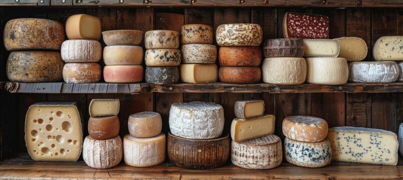 Cheeses of diverse types showcased on charming wooden shelves in an appealing retail display
