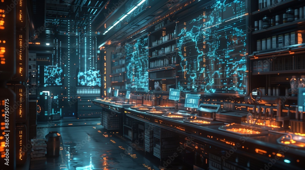 Poster a futuristic lab with screens displaying data and maps.