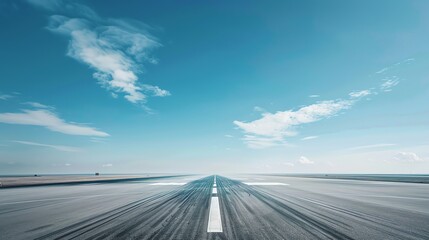 Fototapeta premium A long and straight runway stretches to the horizon under a bright blue sky with fluffy clouds.