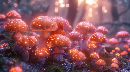 enchantment with a fantasy illustration of a glowing giant mushroom home nestled in the heart of a magical forest. This fairy tale abode radiates beauty and wonder, inviting all to dream.