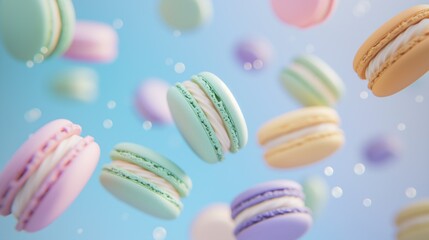 Obraz premium Colorful macarons floating pattern on pastel background, sweet dessert concept.