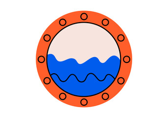 Obraz premium Hand drawn cute cartoon illustration of porthole. Flat vector circle window with ocean or sea in doodle style. View from the ship or boat icon or print. Vacation or holiday summer trip. Isolated.