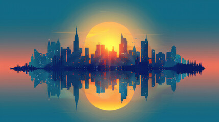 Obraz premium Stunning city skyline silhouette reflecting over water at sunset, showcasing vibrant colors and a calm atmosphere.