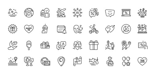 Sea mountains, Airplane travel and Sleep line icons pack. AI, Question and Answer, Map pin icons. Market, Fireworks, Marry me web icon. True love, Fishing, Fireworks stars pictogram. Vector