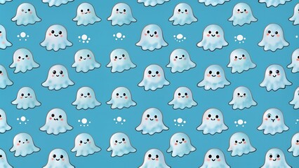 Fototapeta premium Halloween ghost seamless pattern background. Holidays cute ghost cartoon character. blue background