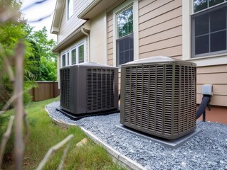 Heat pump outside the home, green technology concept
