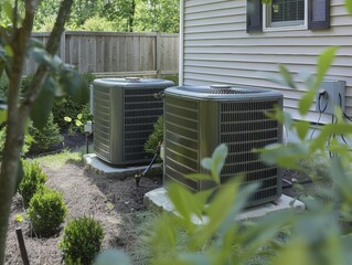 Heat pump outside the home, green technology concept
