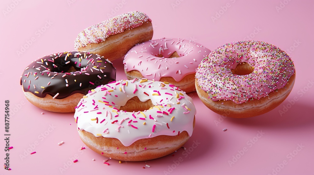 Wall mural A group of donuts with different toppings on a pink background.