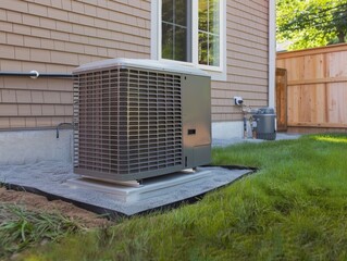 Heat pump outside the home, green technology concept