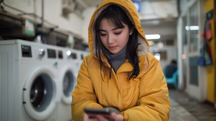 Obraz premium A woman sits in a bright laundry room using her phone, with washing machines in the background.