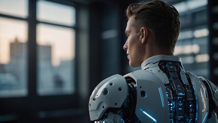 A male cyborg with advanced robotic enhancements stands in a modern city setting, highlighting the integration of cutting-edge technology and human features.
