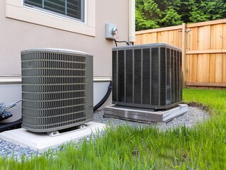 Heat pump outside the home, green technology concept