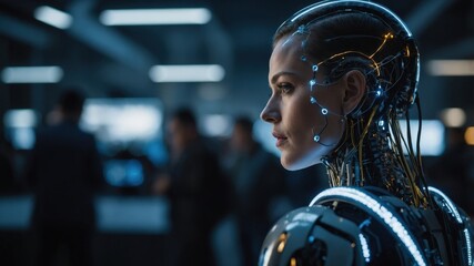 A female cyborg with illuminated circuitry stands in a futuristic setting, highlighting advanced technology and a blend of human and robotic elements.
