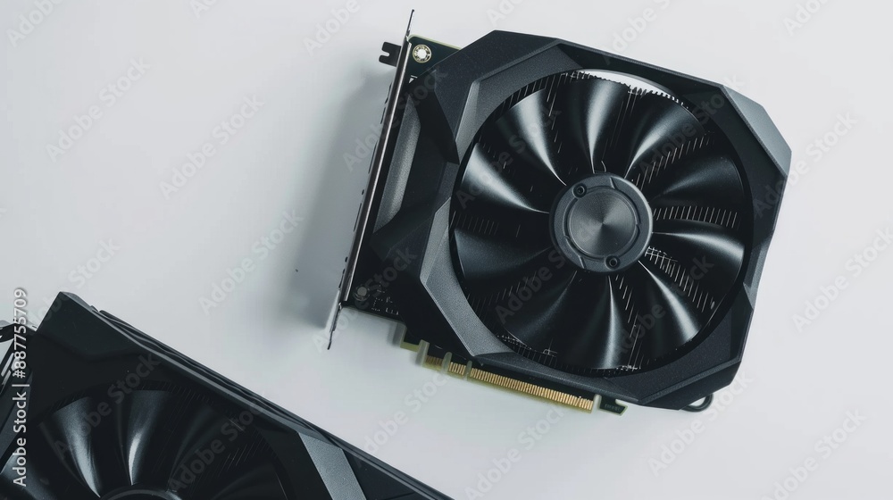Poster two black computer fans are on a white surface