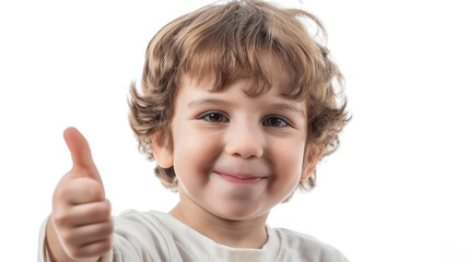 Little boy smiling and showing thumbs up isolated on white background