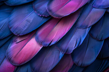 
Close up of beautiful purple and blue feather texture background, macro photography, copy space concept. Abstract wallpaper design for fashion print on demand products
