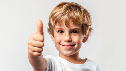 Little boy smiling and showing thumbs up isolated on white background