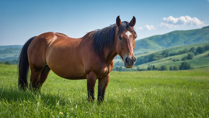 Obraz premium Brown horse standing majestically in a lush green meadow with rolling hills in the background.