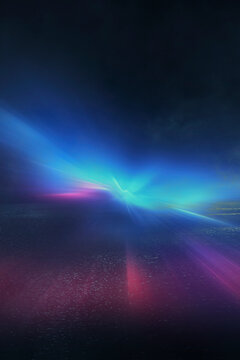 Dark street, wet asphalt, reflections of rays in the water. Abstract dark blue background, smoke, smog. Empty dark scene, neon light, spotlights. Concrete floor