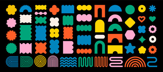 Abstract geometric shapes and icons. Colorful groovy brutal figures. Modern Swiss design aesthetic.