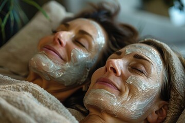 A mother enjoying a luxurious spa day with her best friend, both receiving facial treatments. They are lying on comfortable spa beds with their faces covered in masks, eyes closed, and smiling. The