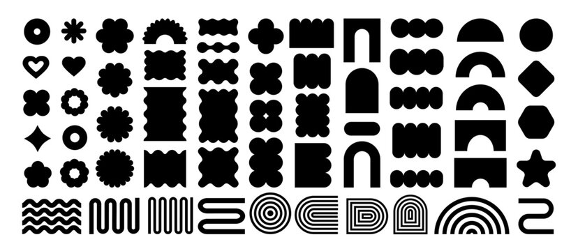 Abstract geometric shapes and icons in black colors. Groovy brutal modern figures. Stylish Swiss design aesthetic.