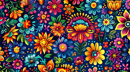 Naklejka premium Hispanic Heritage Month pattern wallpaper featuring vibrant floral motifs, Hispanic, Heritage, Month, pattern, wallpaper, floral, motifs, colorful, vibrant, celebration, Hispanic culture