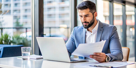Fototapeta premium Focused Businessman Reviewing Documents at Office Desk. A serious businessman in a suit intently reviews documents while working on his laptop in a bright, modern office.