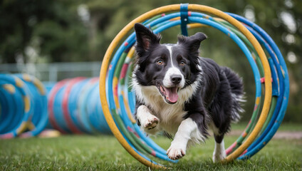 Energetic border collie jumping through multiple colorful hoops during an agility training session in a park.