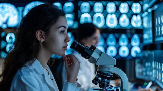 Young woman analyzing human brain microscope slide under microscope while sitting with scientists in background at laboratory