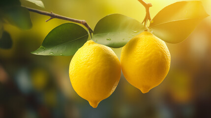 Two ripe lemons on a lemon tree