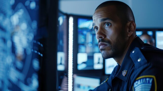 Chest up shot of Biracial security officer looking at data on monitor and answering work call in guard room. 