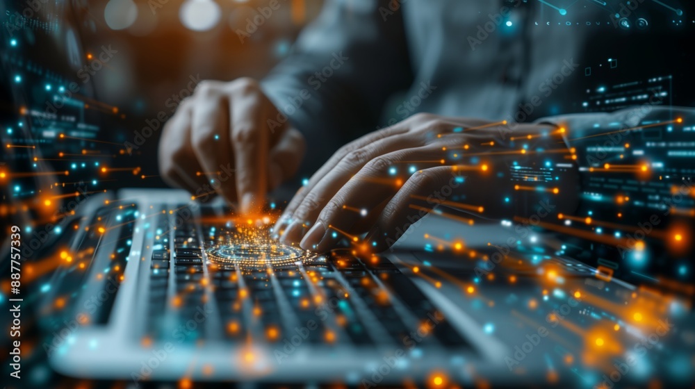 Wall mural a close-up shot of a persons hands typing on a laptop keyboard with glowing lines emanating from the